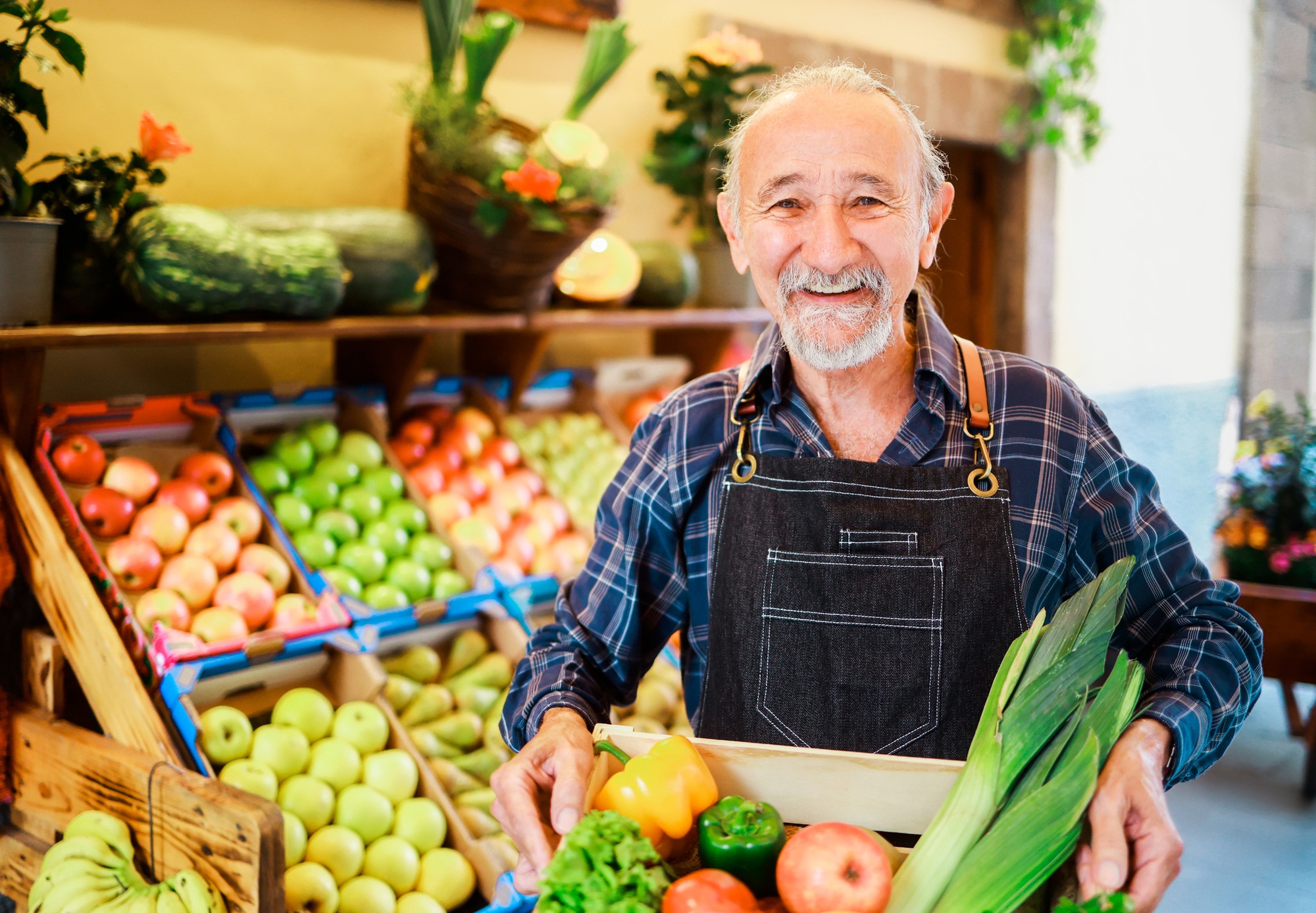 Retail food: Senior man working at market store holding organic vegetables inside wood box